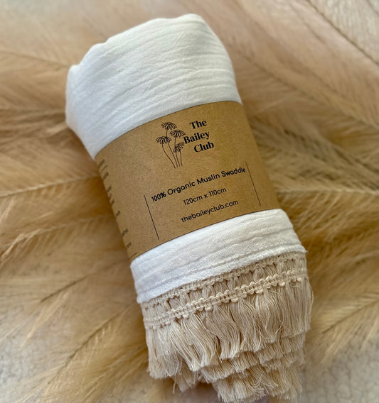 100% Cotton Muslin Swaddle | Natural Tassel